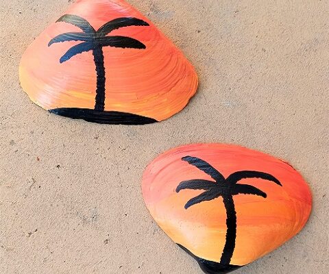 Tropical Sunset Hand Painted Palm Tree Seashells