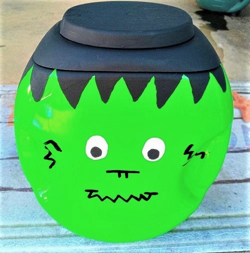 Frankenstein for Halloween Made from Gain Laundry Pod Container