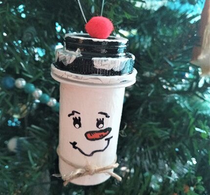 Upcycled Empty Pill Bottle Snowman Ornament