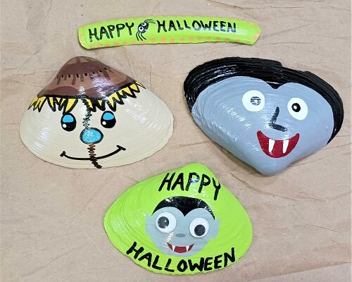 Scarecrow and Dracula Hand Painted Seashell Designs for Halloween
