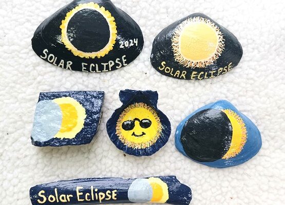 Full Solar Eclipse Painted Rocks and Seashell Designs