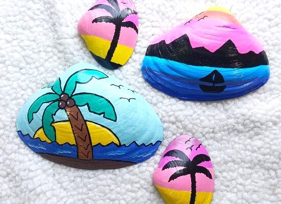 Hand Painted Tropical Palm Tree Clam Shells Seashells Designs