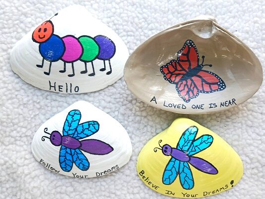 Butterfly, Caterpillar and Dragonfly Painted Clam Shell Designs