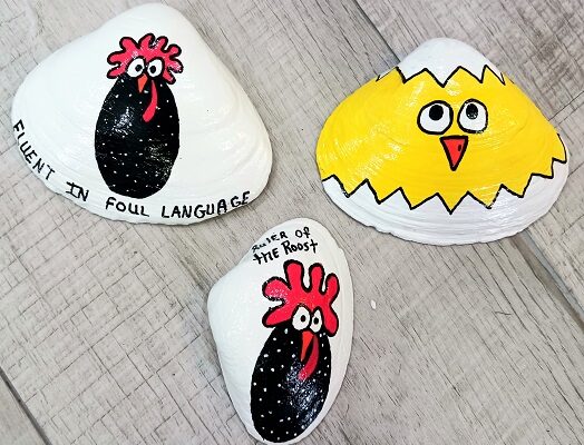 Hand Painted Rooster and Chickens Clam Shells Seashell Designs