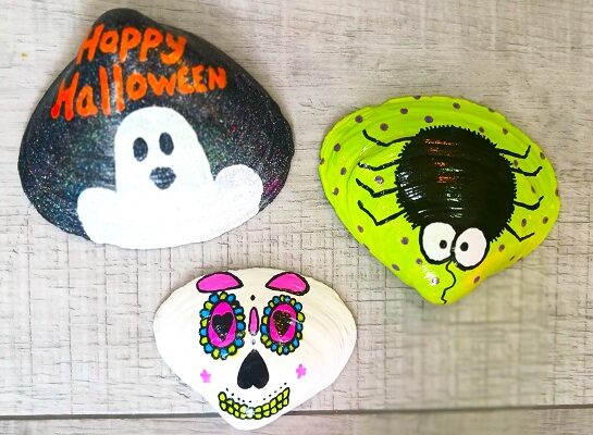 Halloween Ghost, Spider and Sugar Skull Painted Seashells