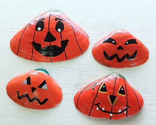 Hand Painted Jack-o-Lantern Pumpkins Clam Shells Seashells