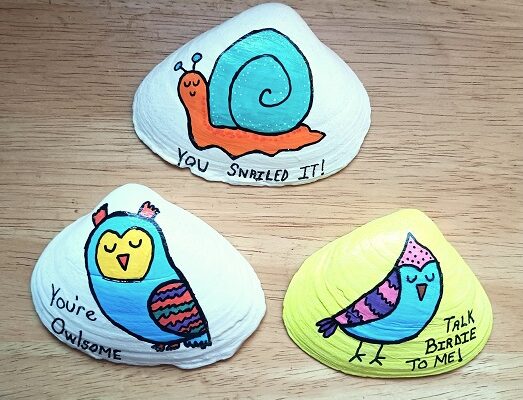 Painted Owl, Snail and Bird Clam Shell Seashell Designs