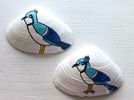 Hand Painted Blue Jay Birds Clam Shell Seashells Garden Yard Art Designs