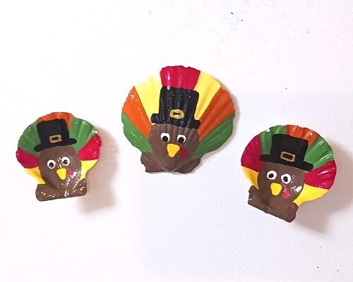 Thanksgiving Turkey Hand Painted Scallop Shells Refrigerator Magnets