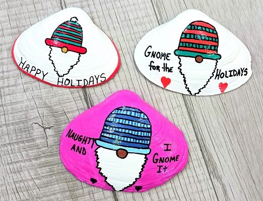 Hand Painted Christmas Gnomes Clam Shells Seashell Designs