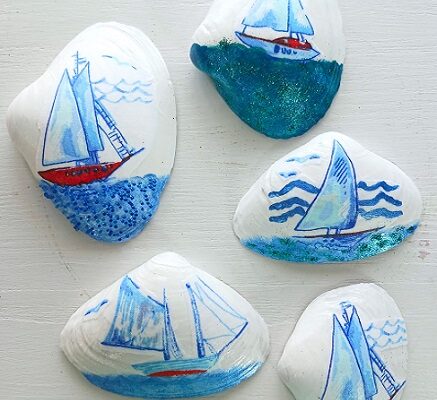 Decoupage and Painted Sailboat Design Clam Shells Seashells