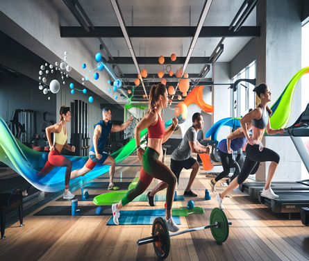 The image depicts diverse fitness enthusiasts in a modern gym, surrounded by abstract molecules and vibrant colors, suggesting scientific research, vitality, and innovation, with subtle supplement elements conveying motivation and wellness.