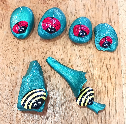 Lady Bug and Bumble Bee Painted Kindness Rocks and Seashells