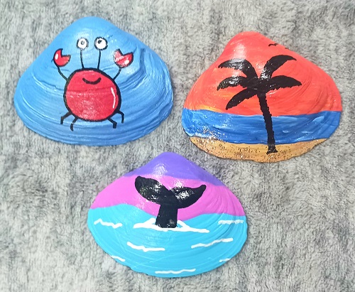 Crab, Whale Tail and Palm Tree Painted Clam Shells Seashells