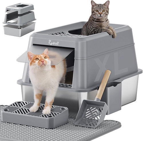 Rywell Stainless Steel Cat Litter Box with Hood and Accessories