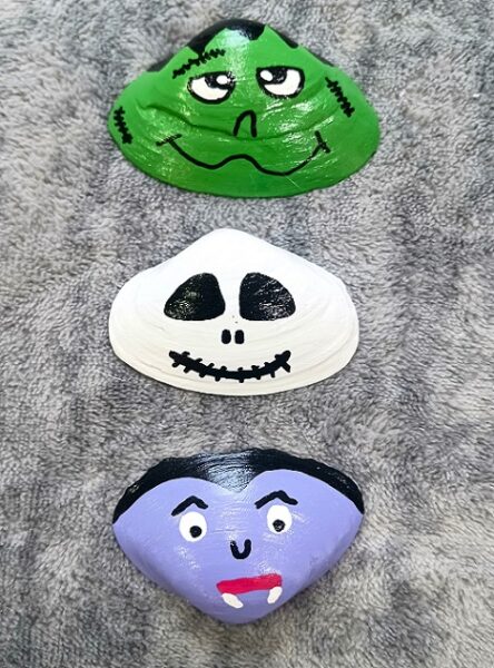 Hand Painted Dracula, Frankenstein and Skeleton Halloween Seashells