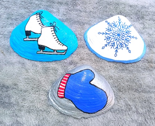 Ice Skates, Mittens and Snowflakes Painted Clam Shells Winter Decor