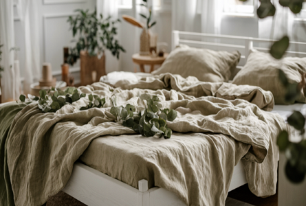 The image showcases a tranquil and sophisticated bedroom scene centered around a bed adorned with luxurious, eco-friendly organic linen sheets in soft, natural tones, surrounded by subtle eucalyptus leaves and minimalist high-end decor, all bathed in soft, diffused natural light to evoke a calming and airy atmosphere.