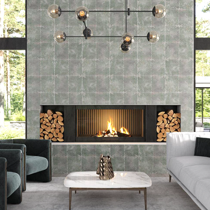 Apollo Tile’s blue-green ceramic tile in a fireplace surround