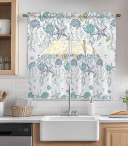 Coastal Seashells and Starfish Cafe Style Kitchen Curtains