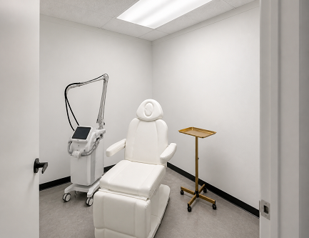 An empty treatment room with a white reclining chair, a brass tray stand, and a laser device in the corner.
A laser for pigment sends short pulses of light into the spot, and the body clears the broken-up pigment over the following weeks.
