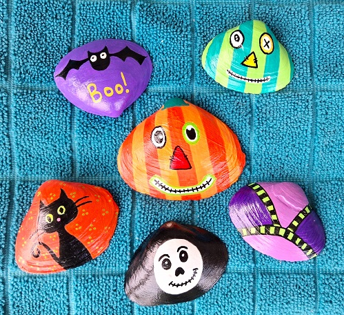 Halloween Black Cat Ghost Pumpkin Painted Seashell Designs
