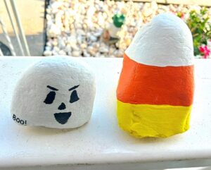 Ghost, Pumpkin and Candy Corn Painted Rocks for Kids
