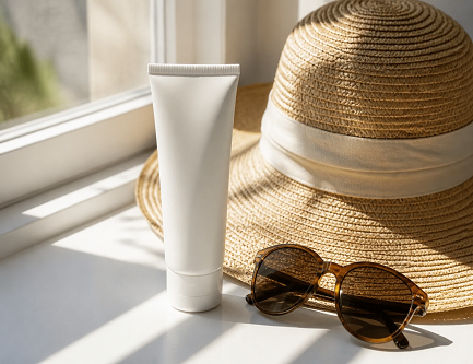 Alt text: A tube of sunscreen, a straw sun hat, and sunglasses on a sunlit windowsill.
Sun made the spots and sun makes new ones. After a series, daily broad-spectrum sunscreen and a hat protect the result.
